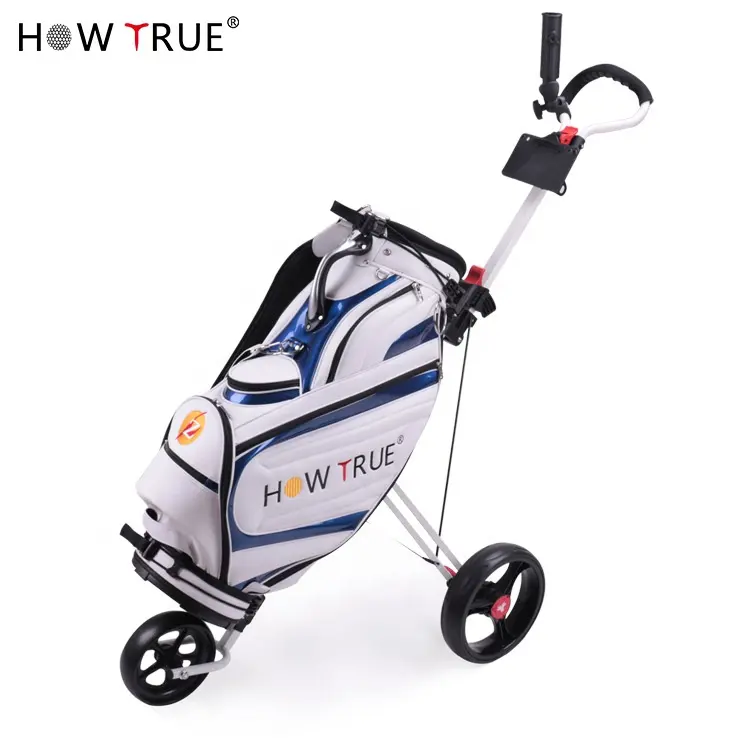 HOW TRUE individuelles Logo weißer faltbarer Golf-Schubwagen Outdoor-Aktivität Stahl-Drei-Rad-Trolley Golf mit Fußbremse