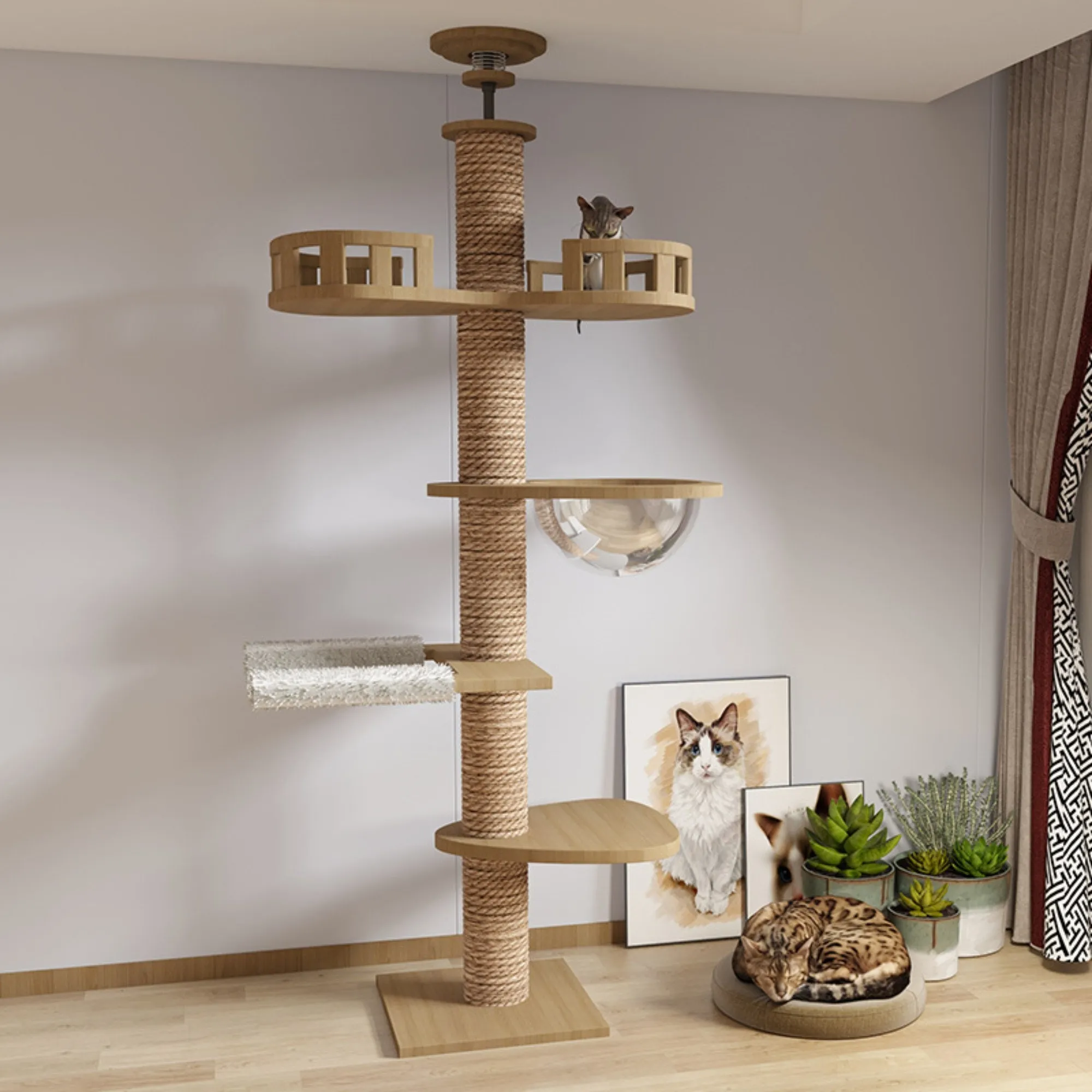 Cat Tree Floor to Ceiling 5-tier Tower Cat Climbing Wooden Frame Tree Adjustable Height Cat Tree Ceiling