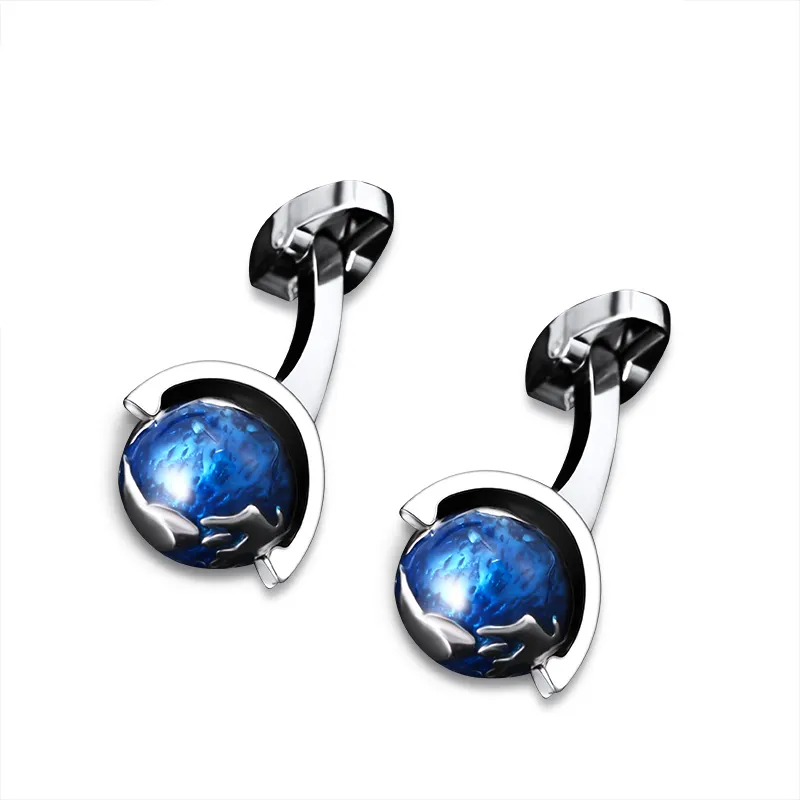 T-shirts Accessories OEM Unique Design Dark Blue Earth Shape Cufflink For Male with Gift Box