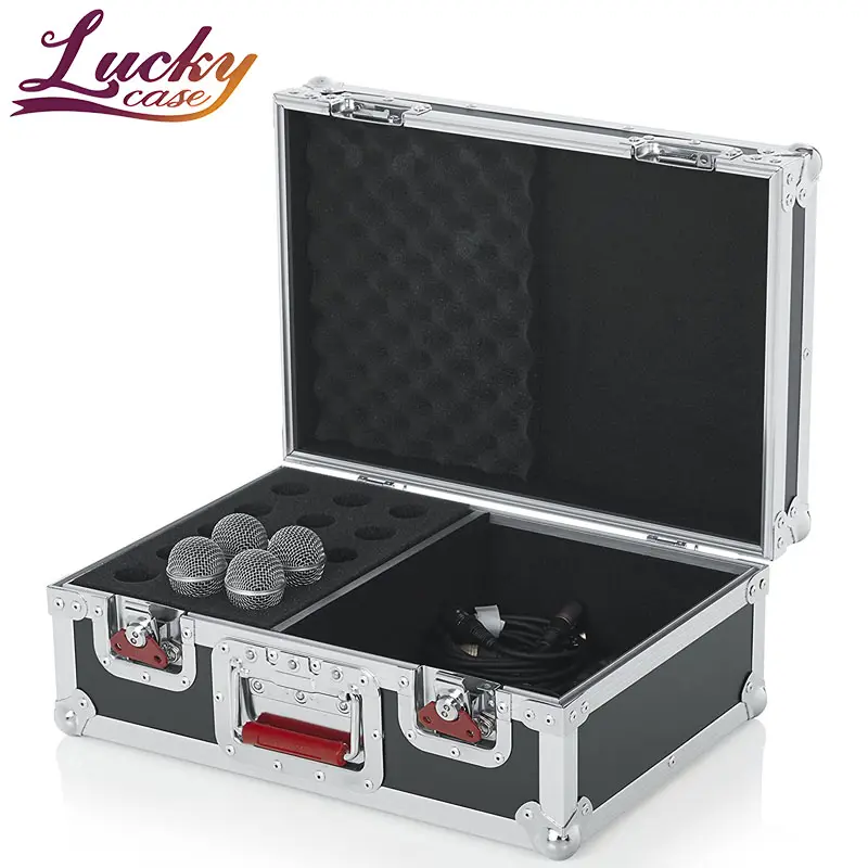 Custodia da strada in alluminio con microfoni cablati in schiuma e custodia per accessori Flight Case in compensato Flight Box