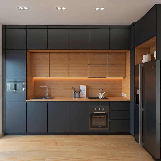 Nuovi design moderni dell'armadio da cucina nero con finitura laccata opaca impiallacciata in legno