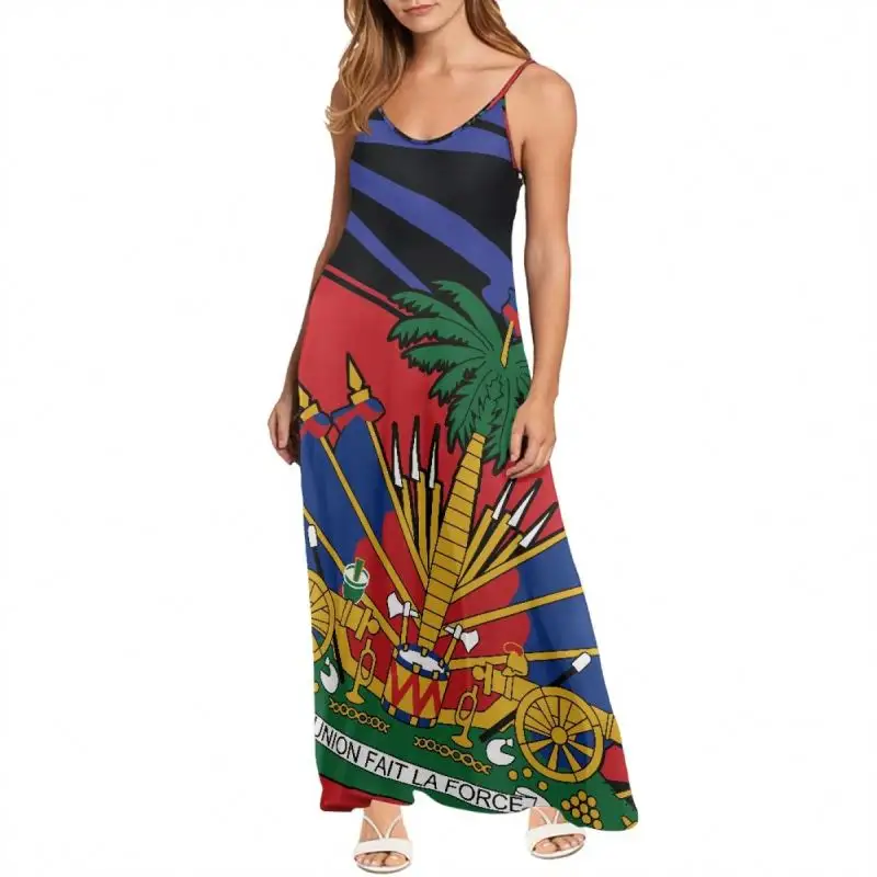 Elegante Bandera Haitiana Ropa Vestidos estampados Mujeres Casual Verano Sin mangas Sling Spaghetti Strap Vestidos Señoras Vestido de fiesta Sexy