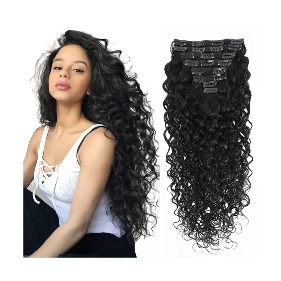 Clip nelle estensioni dei capelli onda di acqua capelli umani 8 pz/set a testa piena brasiliana Clip ondulata naturale capelli Remy