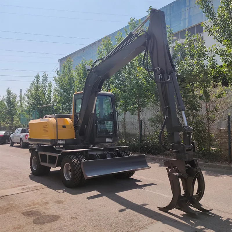 Maquinaria de movimiento de tierra, excavadora de ruedas, excavadora pequeña automática, excavadora de ruedas de 8 toneladas y 10 toneladas con agarrador de madera retráctil