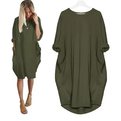 Vestido informal holgado de manga larga con bolsillos para mujer, vestido largo Irregular con cuello redondo, talla grande, 2021