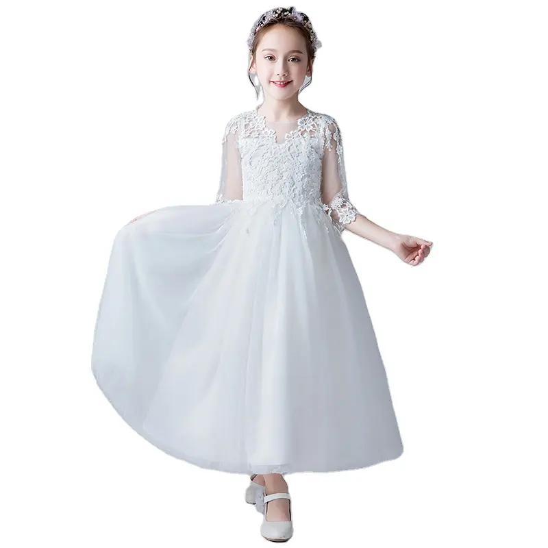 Robe en dentelle pour enfants filles, tenue de soirée, de première Communion, blanche, grande taille, à manches mi-longues