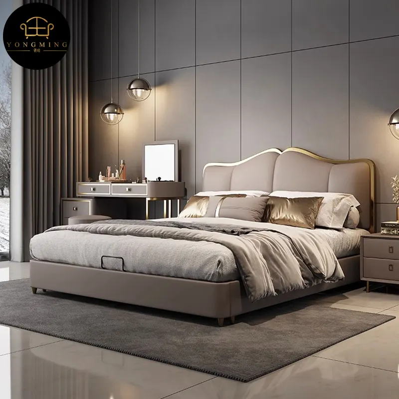 Современная роскошная мебель для спальни, набор для спальни, Королевский размер, однотонная деревянная кровать из натуральной кожи, наборы для спальни