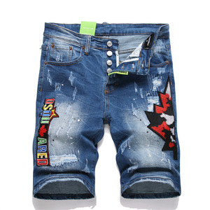 Stonewashed Denim Shorts dos homens bordado Paisley carta padrão respirável impermeável estiramento <span class=keywords><strong>Design</strong></span> Hip Hop estilo rebite para