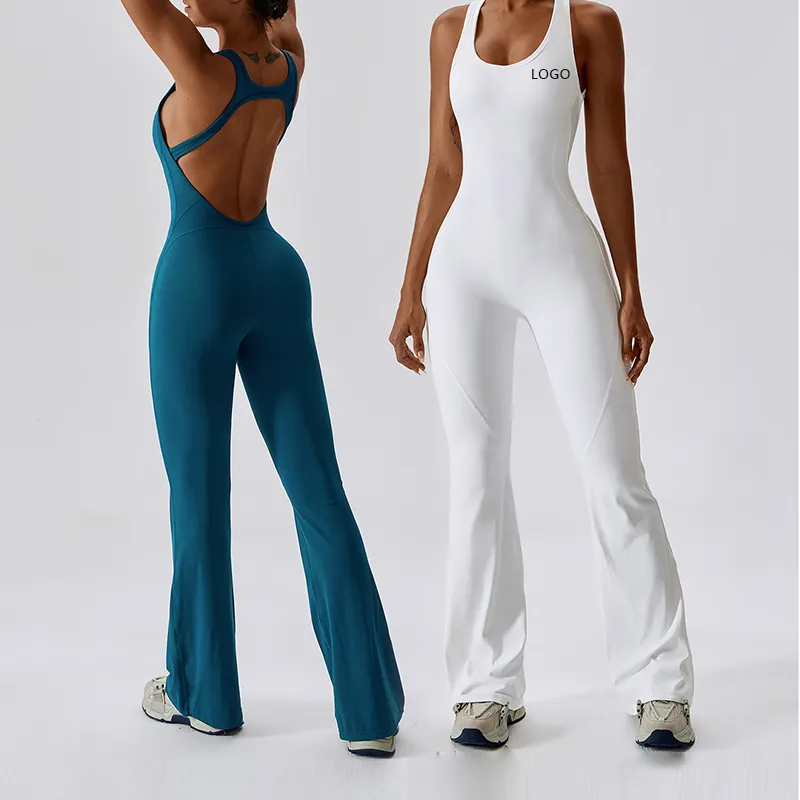 Grosir wanita Athleisure kebugaran perut kontrol celana menyala Bodysuit Backless satu potong Yoga Jumpsuit aktif pakaian Bodysuit