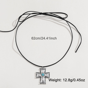 FCJ Personalized Turquoise Wax Rope Necklace Vintage Cross-Embossed Water Drop Number Shape Gold Plated Bohemian Featuring <strong>Jade</strong> - Product Image 5