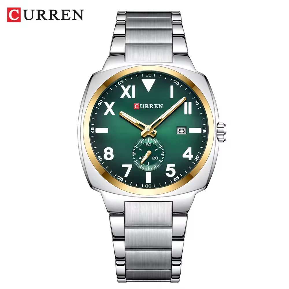 Boîtier argenté, cadran vert doré