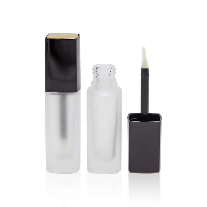 Tubo de brillo de labios cuadrado de alta gama, cubierta dorada negra, tubo hueco de vidrio, contenedor de repuesto esmerilado con cepillo, 10ml