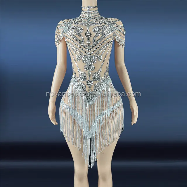 Vestido femenino de verano con flecos translúcidos y cristales brillantes, traje Sexy de fiesta para mujer, fiesta, baile, talla grande, 2022