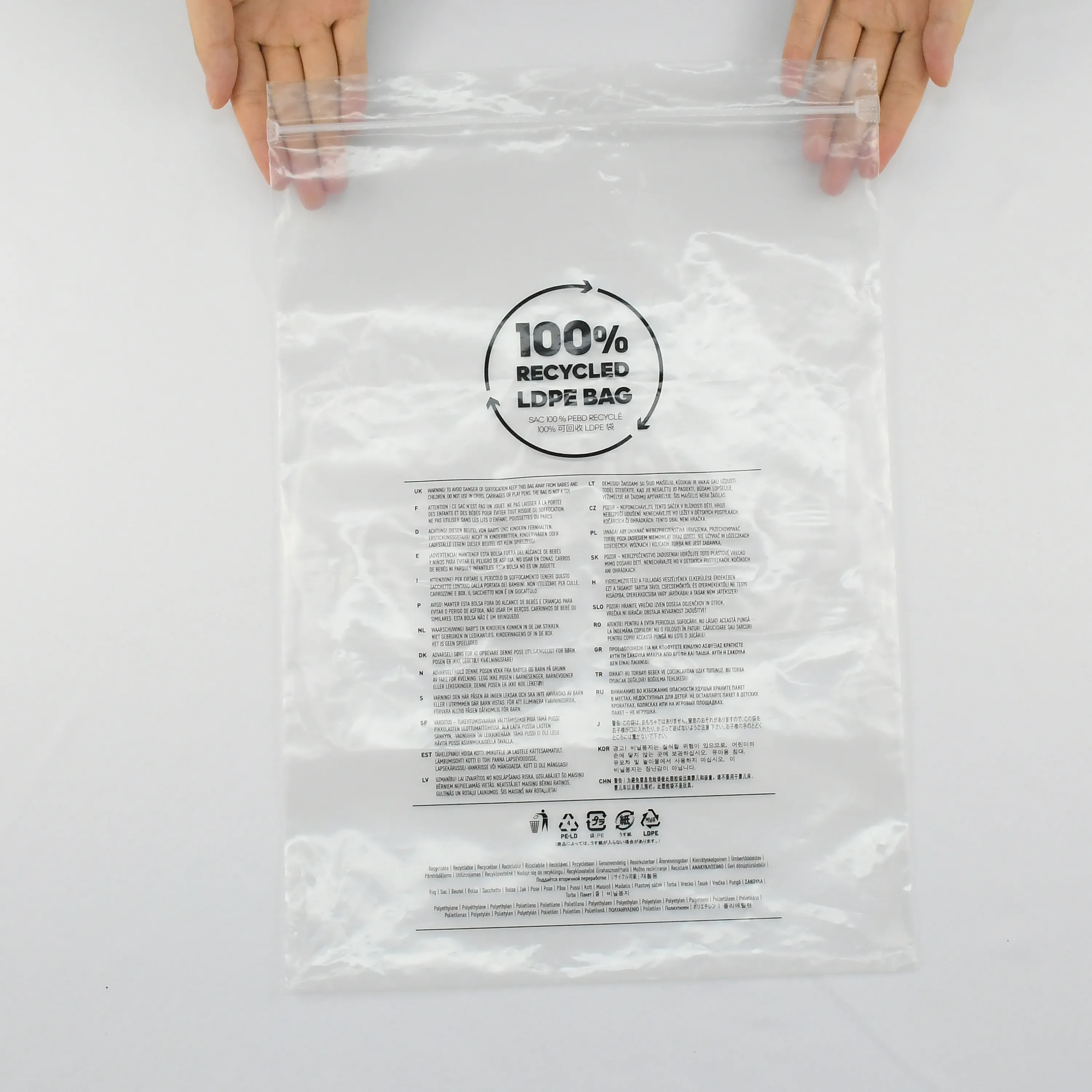 Saco com zíper de LDPE reciclado personalizado com logotipo impresso poli transparente GRS PE e aviso de sufocamento para embalagens de roupas
