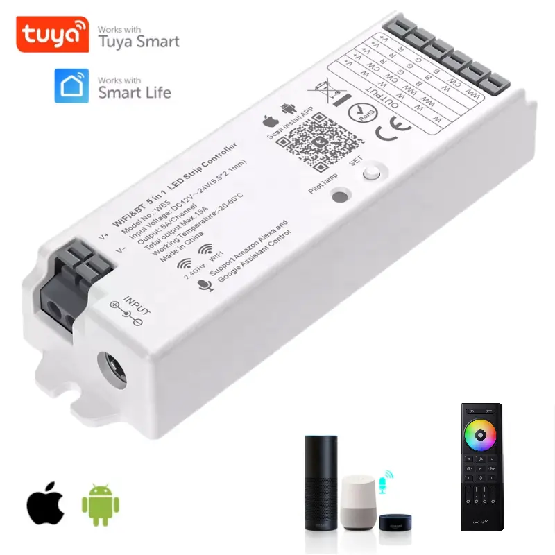 Tuya-controlador de tira LED 5 en 1 para teléfono inteligente, WiFI, Bluetooth, RF, RGB, RGBW, cc 12V, 24V, 6A/CANAL