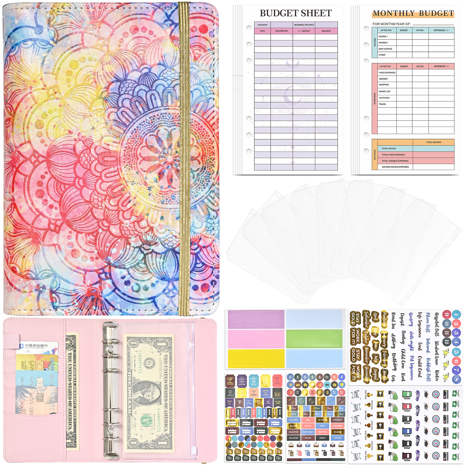 mandala-magnifique rose, carte de suivi budgétaire, 12 sacs à fermeture éclair, 8