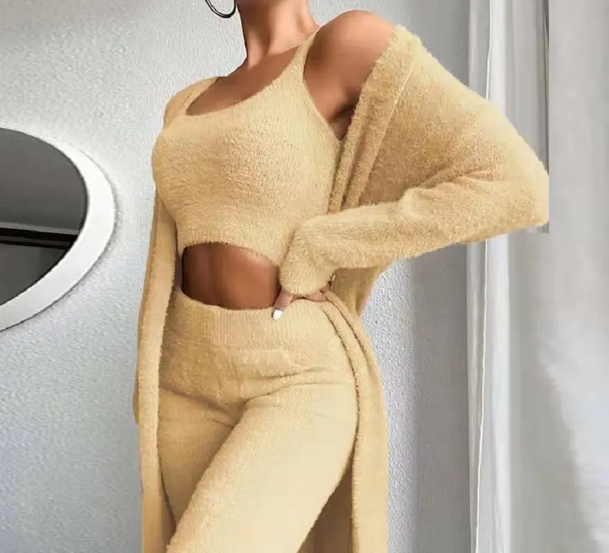 Available Best Design Sweater Cardigan Robe Knitted Long Pants Crop Tops High Quality 3 Pieces Set Women Knitted Sweater Suits