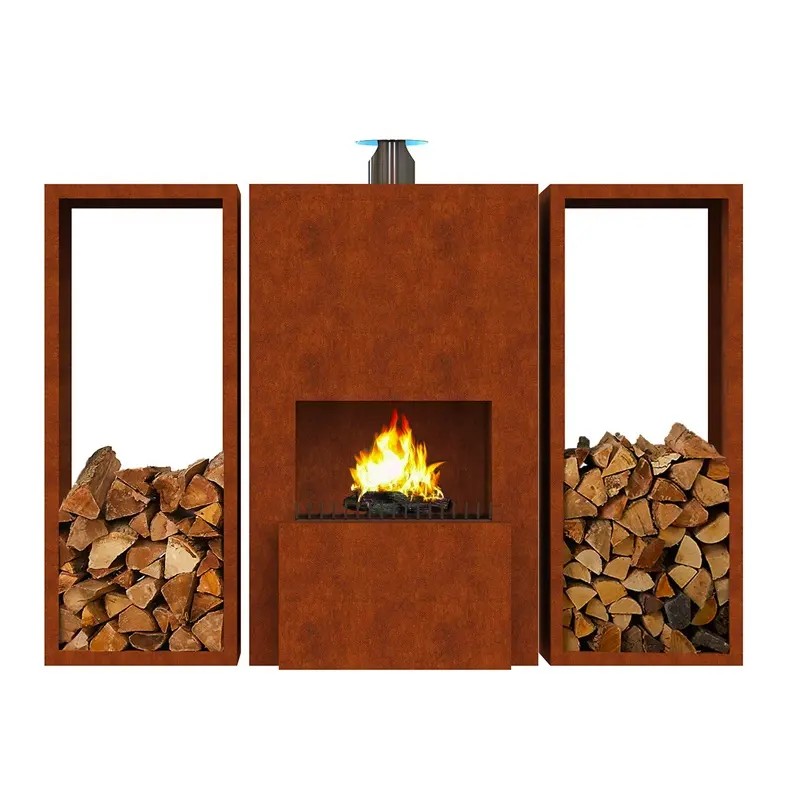 2mm high quality rusty custom outdoor kitchen stove corten steel fireplace with wheels