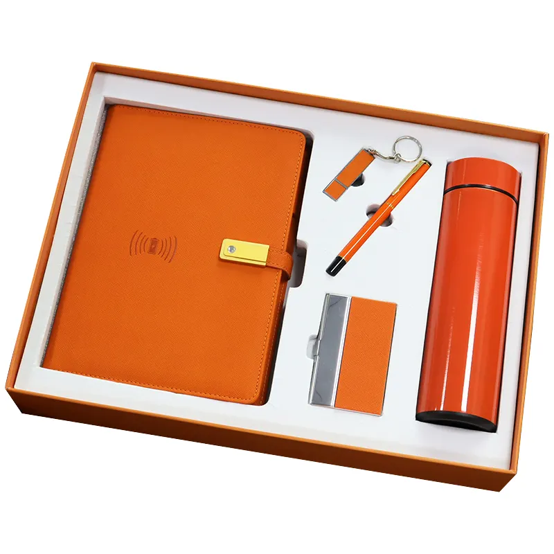 Set regalo arancione all'ingrosso 5 in 1 Set regalo Thermos color arancione set Notebook USB Pen Drive porta biglietti da visita Set regalo aziendale