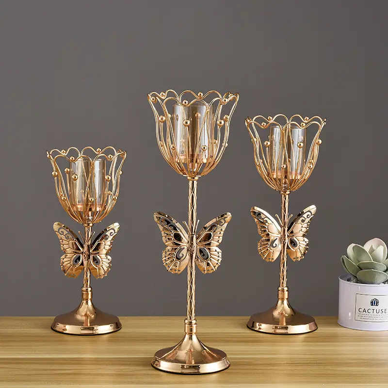 creative metal pedestal candle holder gold plated butterfly flower tealight candle holder with glass tube for home wedding decor