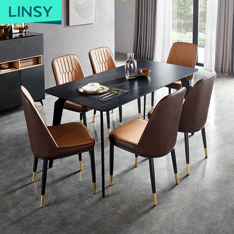 Linsy Set Furniture Manufacturer Meja Makan Marmer, Set Meja Makan Kayu Solid dengan 4 6 Kursi Ji2R-A Meja Makan