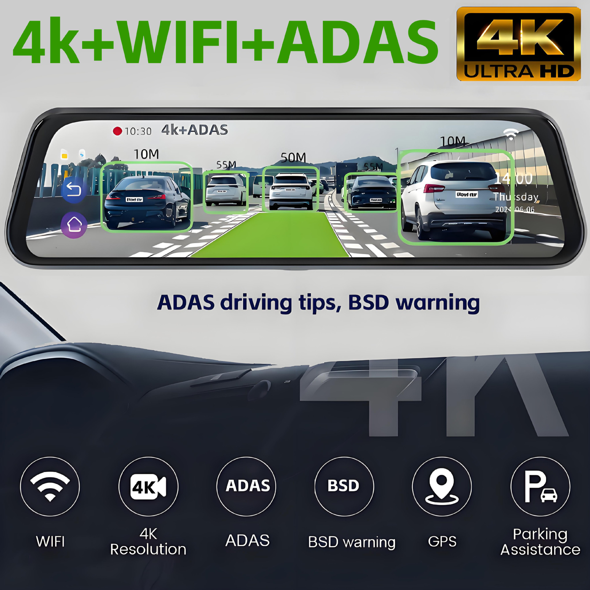 10'' dual recording (front 4K + rear 2K + WIFI + ADAS warning)