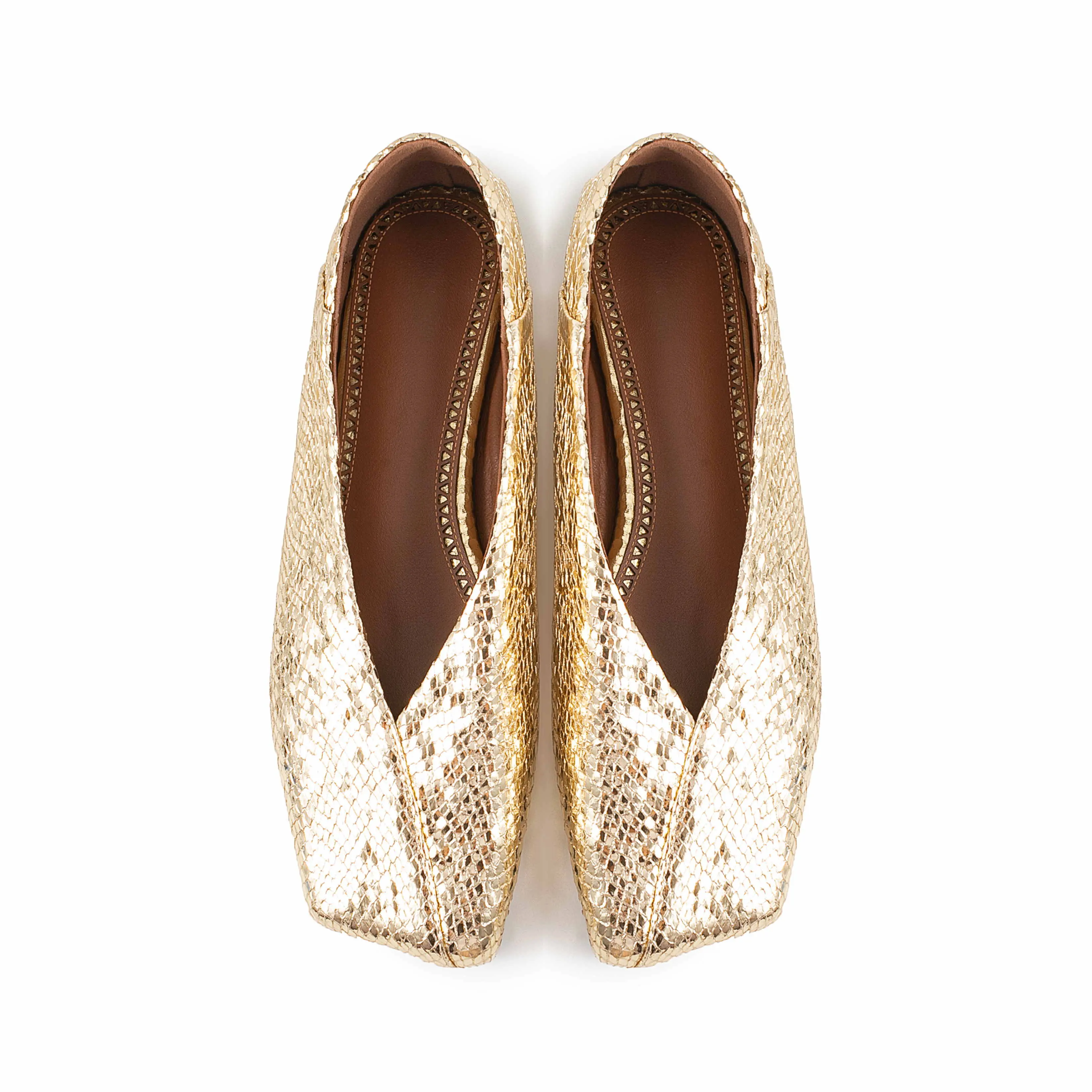 ¡Novedad de 2024! Zapatos de tacón planos con punta cuadrada para mujer, zapatillas de Ballet cómodas con patrón de serpiente de piel de oveja dorada para niñas