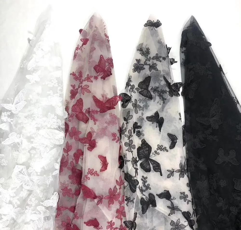 Moda kelebek işlemeli 3d fransız fileli tül dantel kumaş