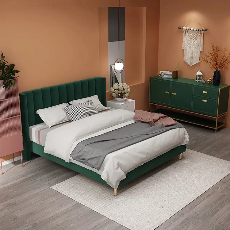 Cama tapizada moderna, marco de terciopelo negro, verde