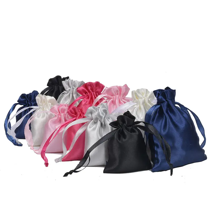 Özel Logo ipek saten ipli hediye keseleri saç takı makyaj çantası saten ipli büzgülü torba