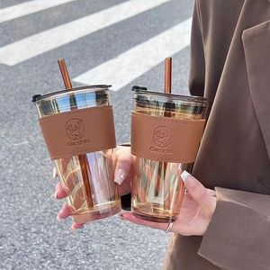 大容量隔热玻璃双层吸管水/咖啡杯带塑料盖高外观夏季Ins网红
