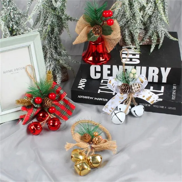 Decoración de campana de Navidad, lazo rojo, piña, aguja de pino, campana, artesanía DIY, colgantes de árbol de Navidad, adorno colgante, decoración de Año Nuevo