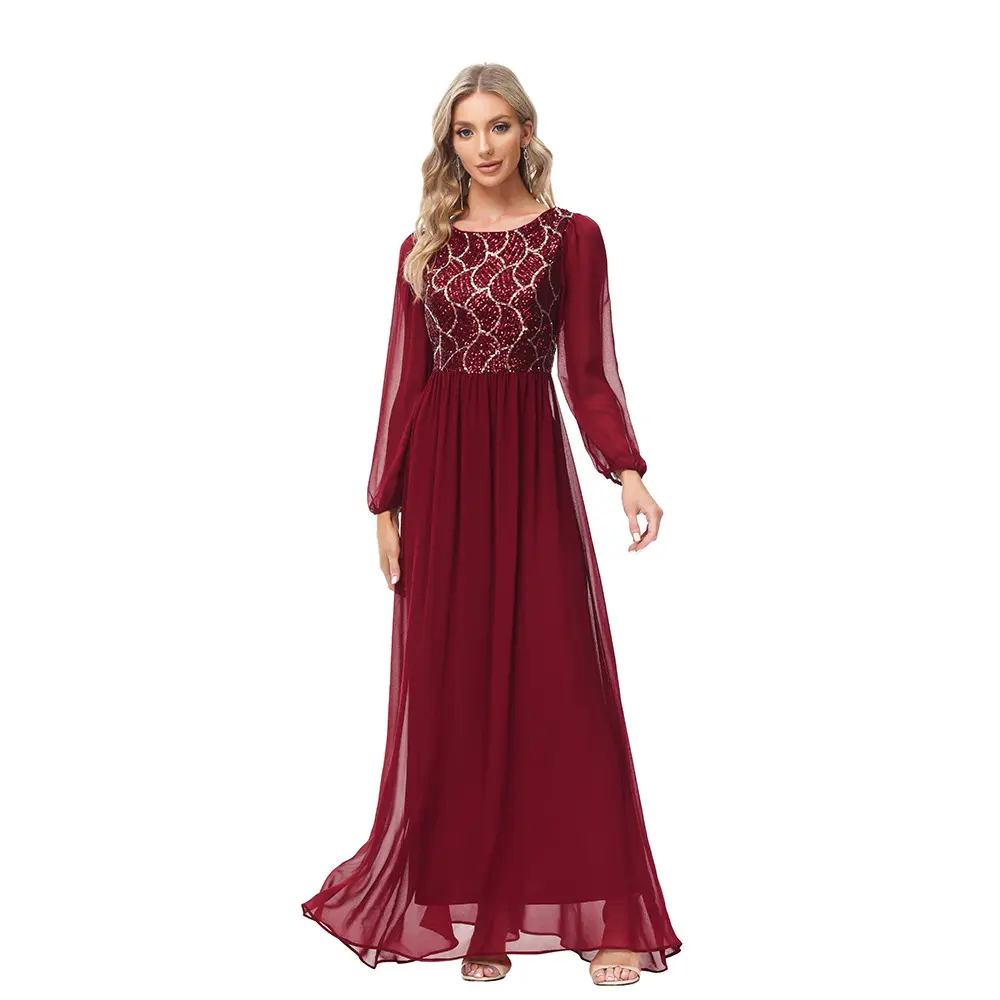 Robe De Soiree rosso manica lunga a-line lungo paillettes Chiffon partito signore donne vestito da notte