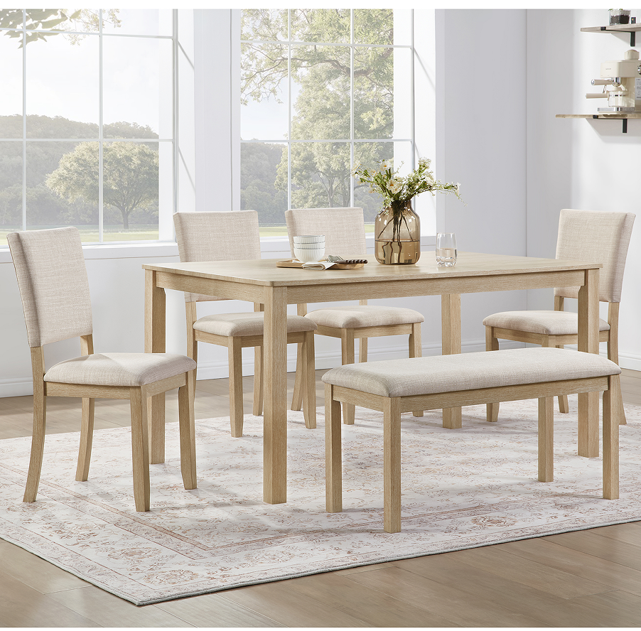 Rectangular 6 Person Dining Table Set with Bench and 4 Chairs