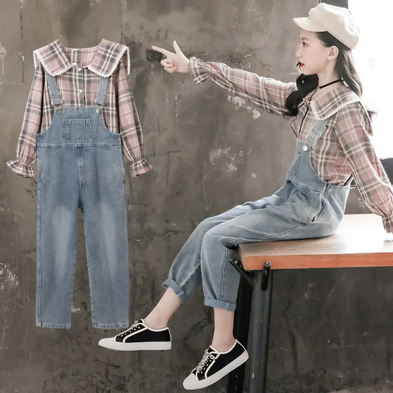 Tiener Meisje Casual Mode Kinderen Meisjes Herfst Kleding Shirt + Overalls Suits Meisjes Tweedelige Sets