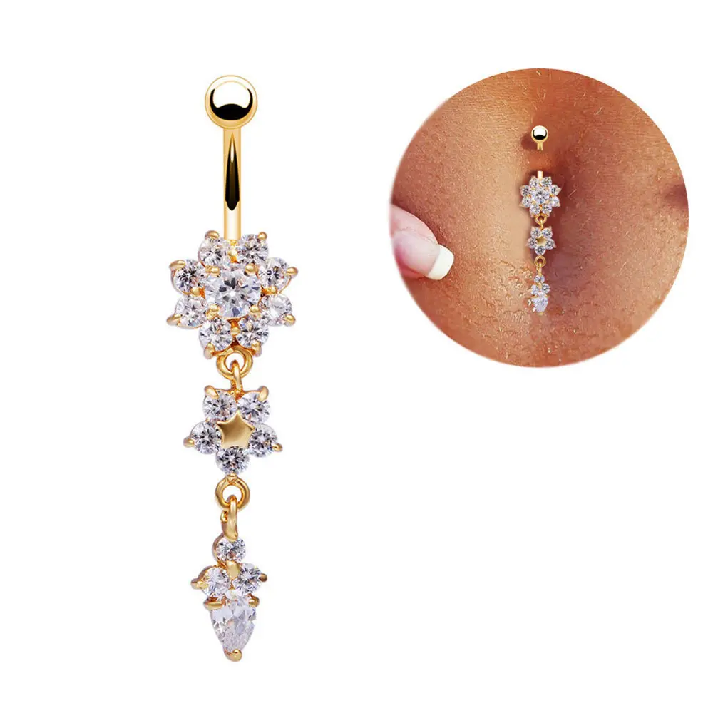 2023 Hot Sale Flor Dangle Belly Button Anel Cristal Rhinestone Navel Nail Belly Button Cadeia de Cintura Prego para As Mulheres