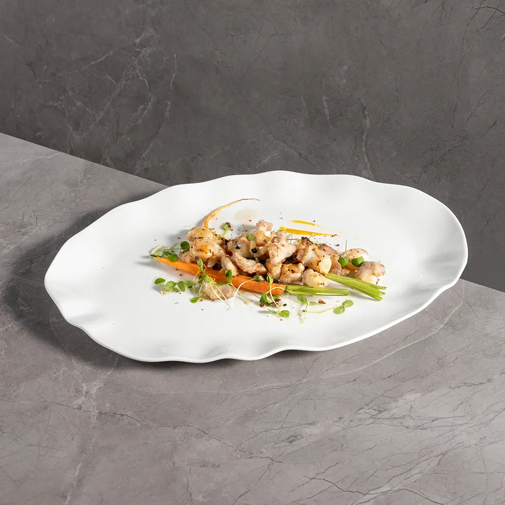 Vajilla moderna, platos grandes para restaurante, gran servicio, cena, borde ondulado, vajilla de cerámica blanca, platos ovalados irregulares, plato