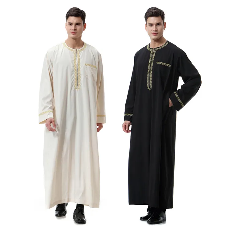 Abbigliamento islamico uomo Casual formale Thobe musulmano ricamato Zip nuovo Design camicette etniche Robe Abaya caftano Jubah Jilbab Kandora