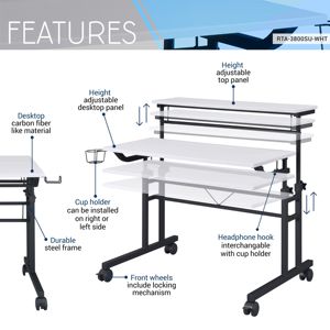 DB Techni Mobili White <strong>Rolling</strong> Writing Desk Height Adjustable Desktop and Moveable Shelf Fixed Feature <strong>Computer</strong> Laptop <strong>Table</strong> - Product Image 3