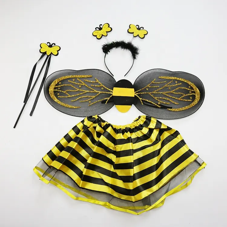 4 buah Set rok kupu-kupu lebah perempuan, dengan 1 pasang sayap antena ikat kepala gaun garis dan tongkat kostum Halloween untuk anak perempuan