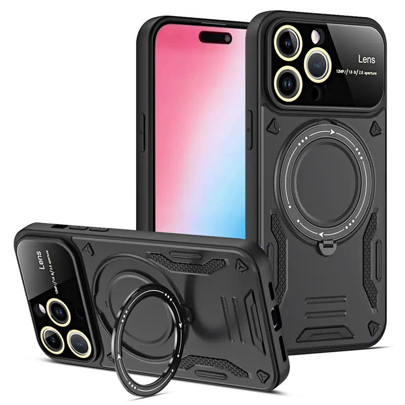 アーマーキックスタンド大型レンズ保護磁気ケースiPhone用ワイヤレス充電見えないブラケットケースiPhone1415Pro用