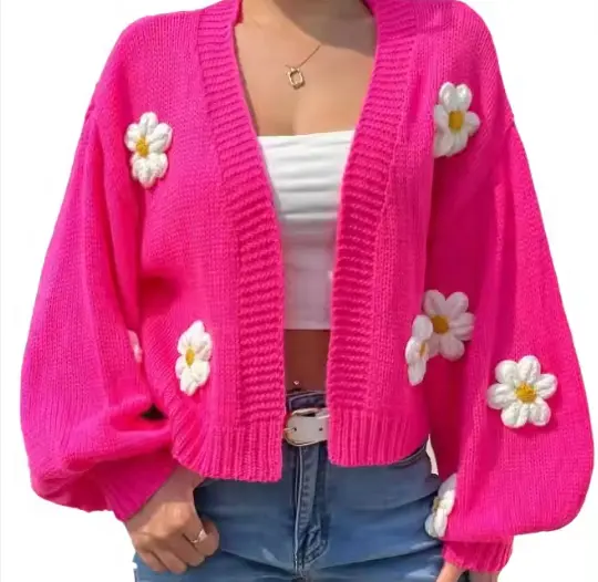 Suéter curto de alta qualidade com apliques florais de manga comprida para mulheres, suéter personalizado com design de moda OEM e ODM