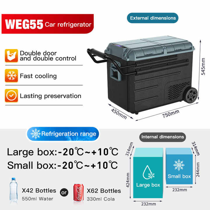 Refrigerador de coche WAYCOOL WEG55 48L de alta calidad con carga Solar AC100 ~ 240V y-20 ~ 10 grados con sistema de compresor y ruedas