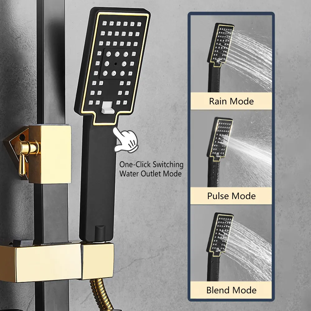 מערכת מקלחת מרובעת מזכרות זהב שחור צמוד קיר כפתור רב תכליתי סט מקלחת שחורה לאמבטיה עם אקדח ריסוס
