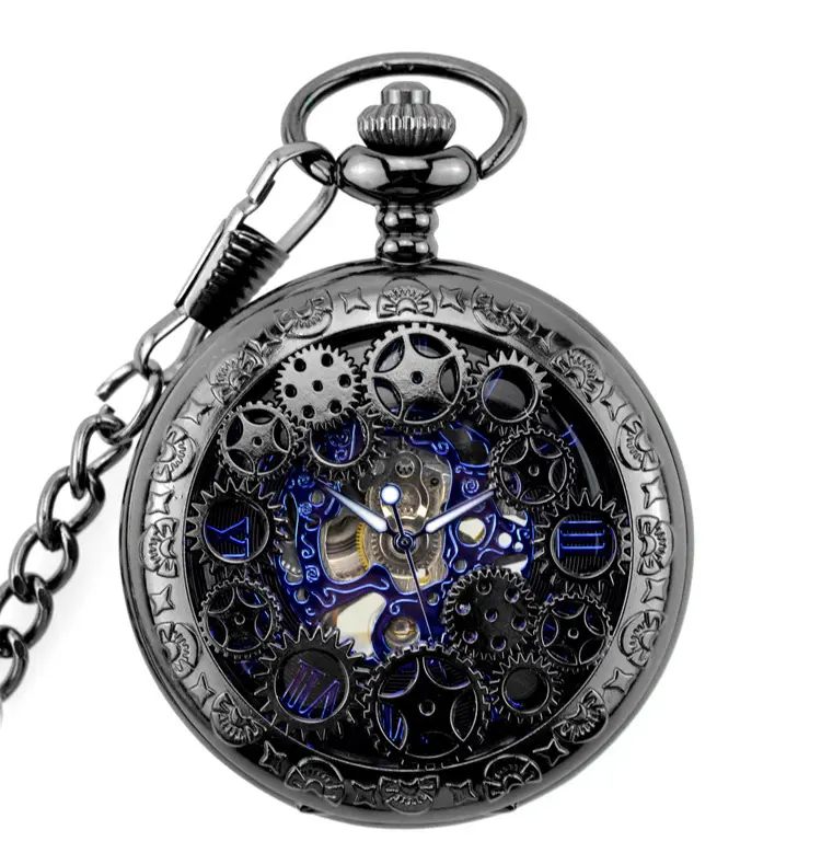 Moda mavi Analog Hollow kılıf erkekler manuel mekanik hareketi cep saati uzun zincir ile Steampunk el sarma saat hediye