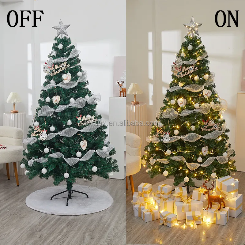 Árbol de Navidad de PVC con luces 7 pies Árbol de Navidad preiluminado con malla blanca bolas de Navidad estrellas