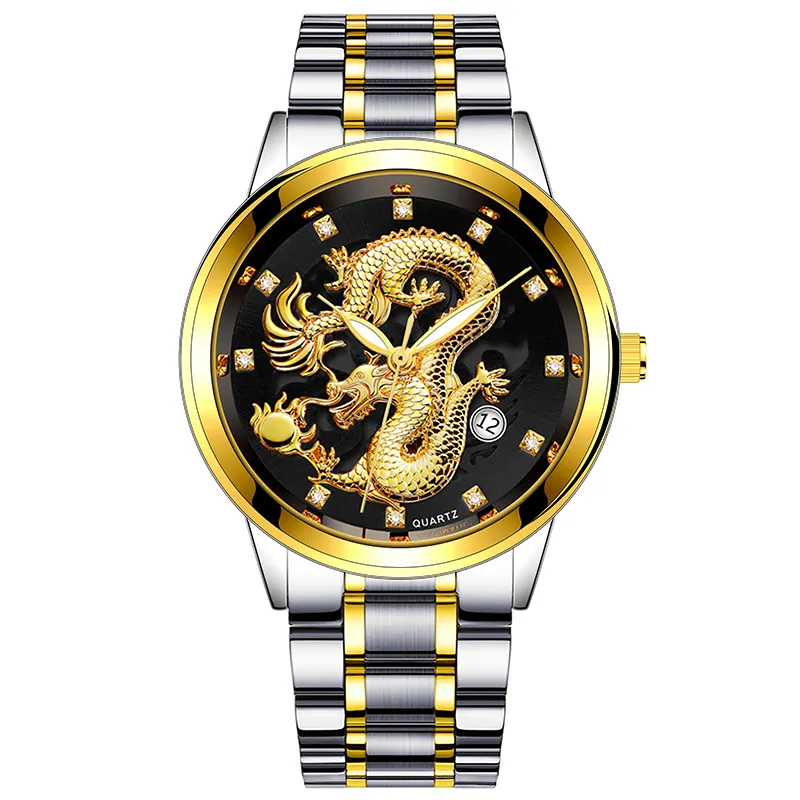 4378 di alta qualità design semplice Business in acciaio inossidabile 3D Dragon Mens calendario orologi china watch factory