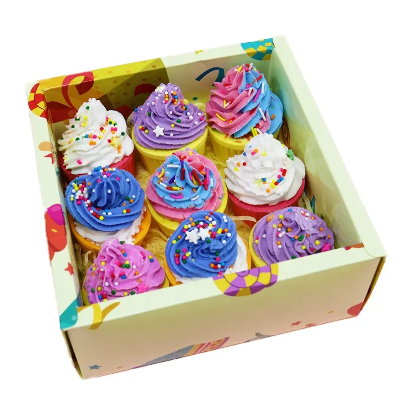 Vente en gros de bombes végétaliennes pour le bain bombes organiques ensemble naturel luxe de Noël étiquette personnalisée pour enfants en forme de cupcake pétillant