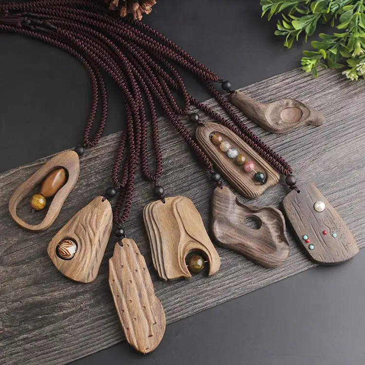 Collar Vintage con colgante de piedra natural para mujer y niña, Sandalia de madera, collar de cadena larga, joyería ajustable
