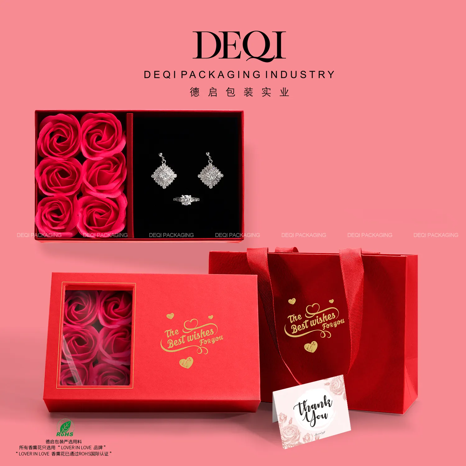 Rose Blumen ring Ohrring Halskette Schmuck Geschenkset Verpackung Papier boxen mit Papier karte Papiertüte für Luxus Juwelier geschäft